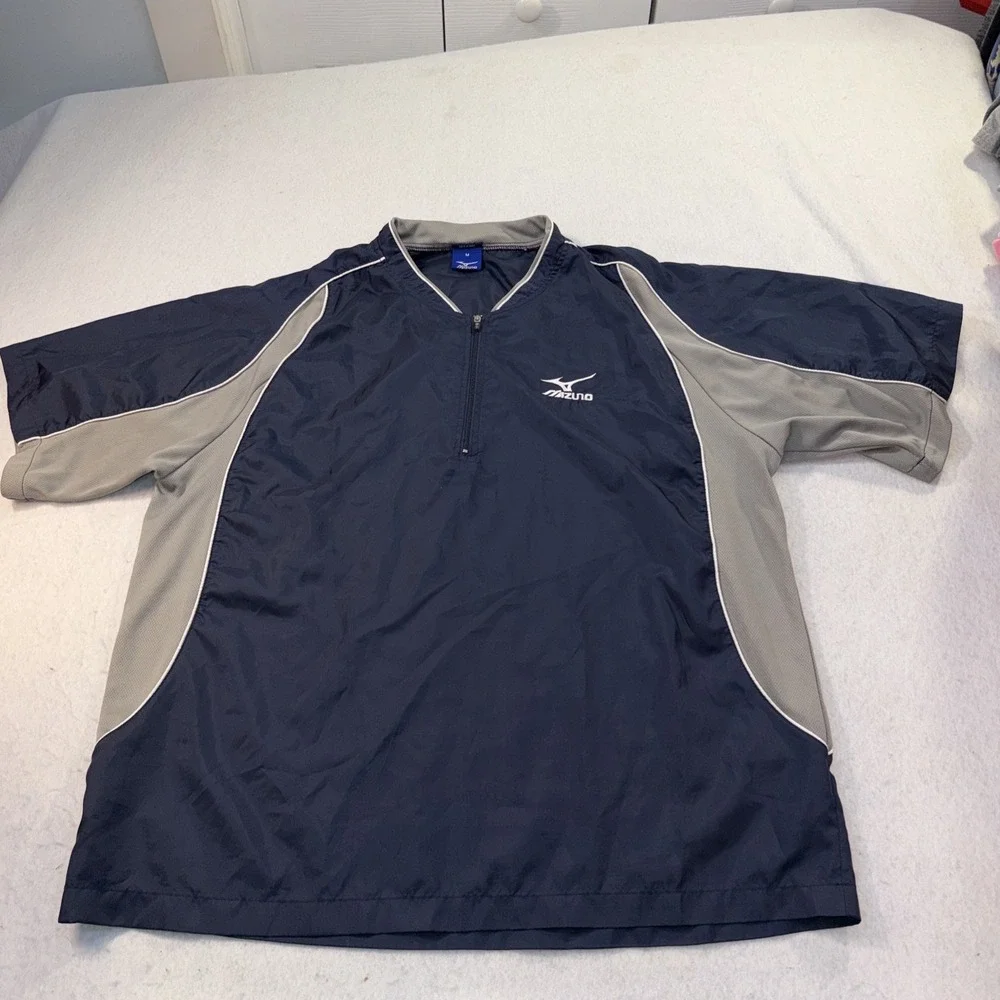 Mizuno Baseball Shirt Mens Medium Blue Gray Windbreaker Jacket Warm Up 1/4 Zip